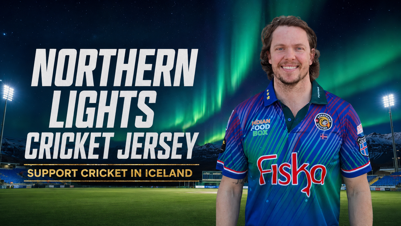 Jakob Robertson wearing the Northern Lights Cricket Jersey for Kópavogur Puffins in Iceland
