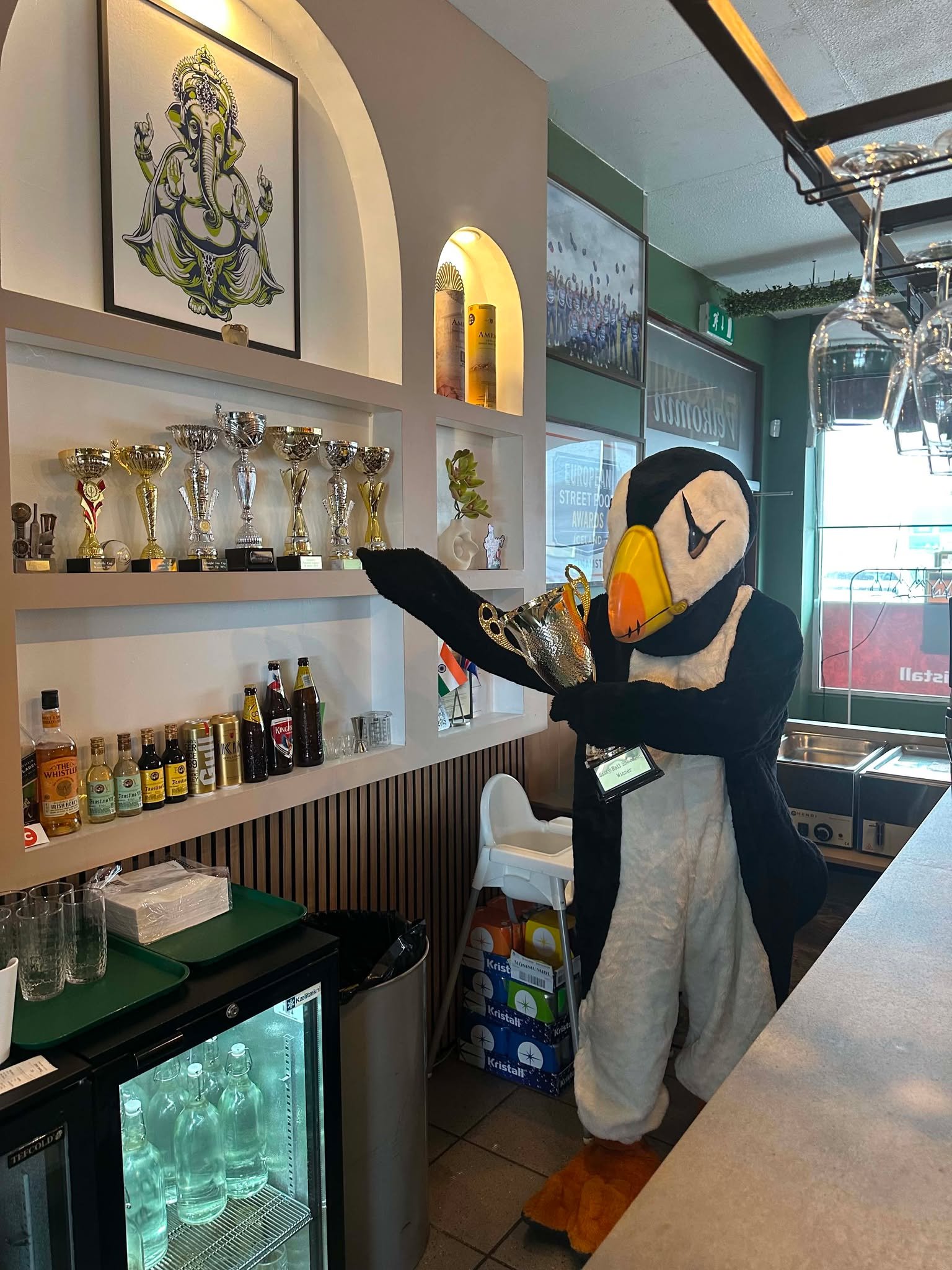 Aurora, the Kópavogur Puffins mascot, presenting the club trophy collection