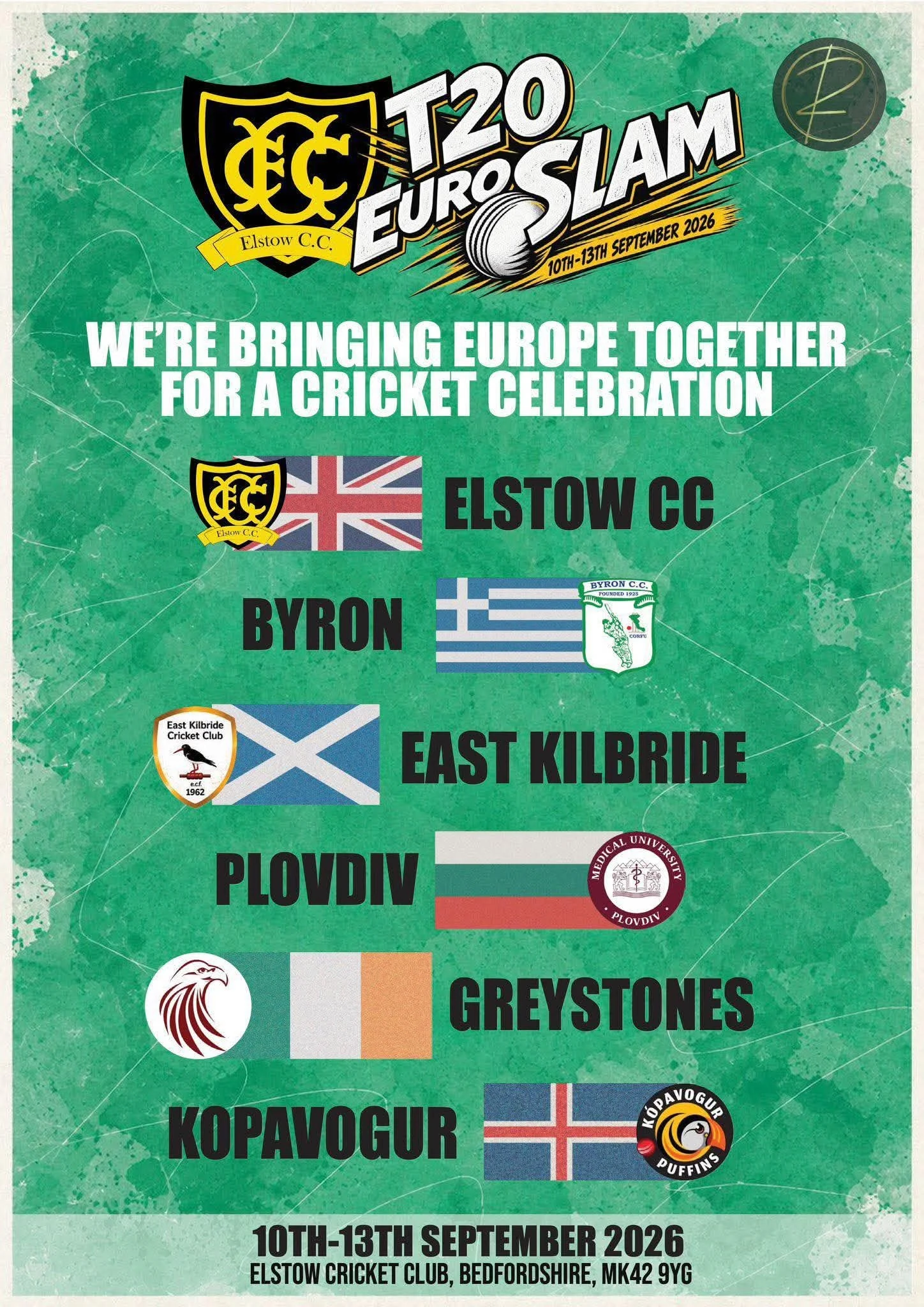 T20 EuroSlam at Elstow Cricket Club, 10–13 September 2026, featuring six European clubs